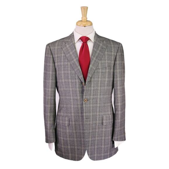 Paul Stuart Current Gray/Black/Lime Green Plaid Wool Fleece Suit 38R - Picture 1 of 11